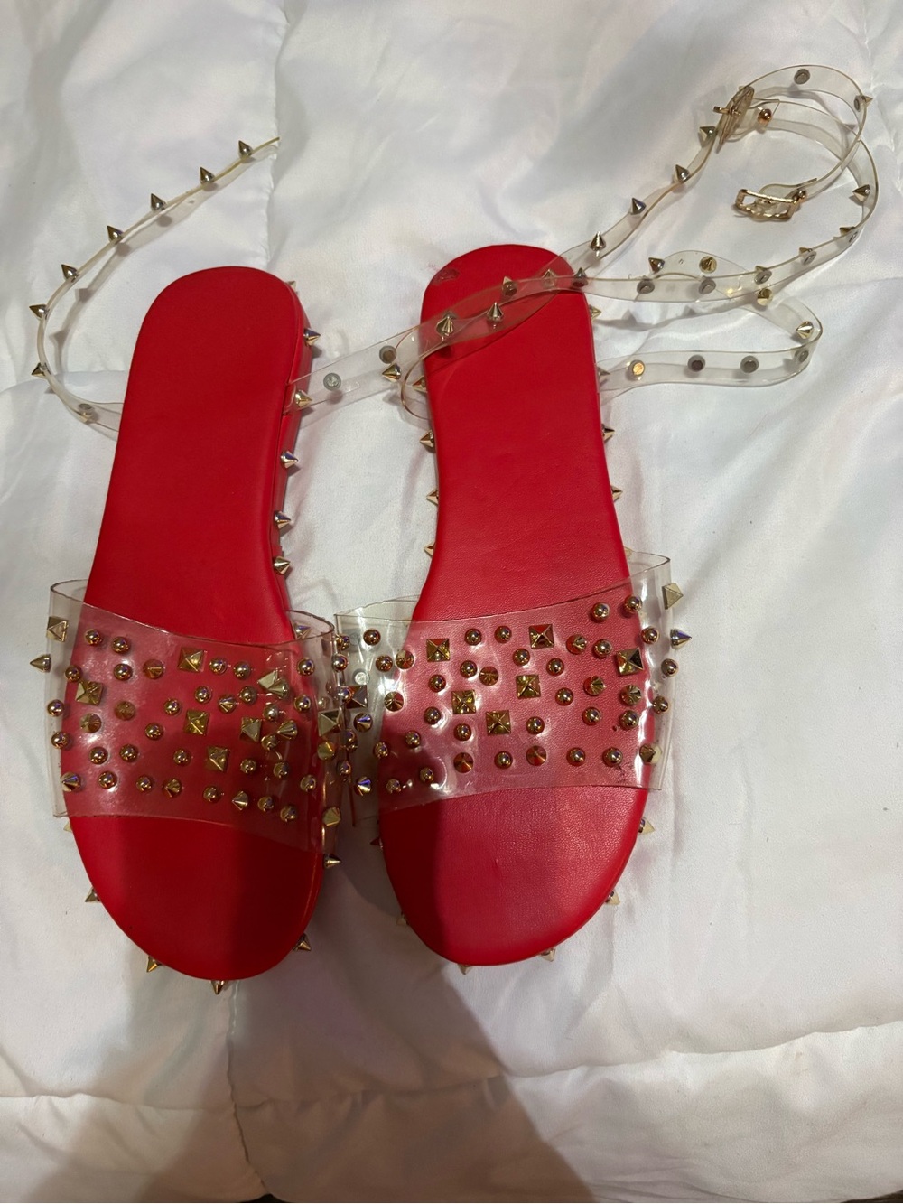 Studded Clear-Strap Red Slide Sandals - Women